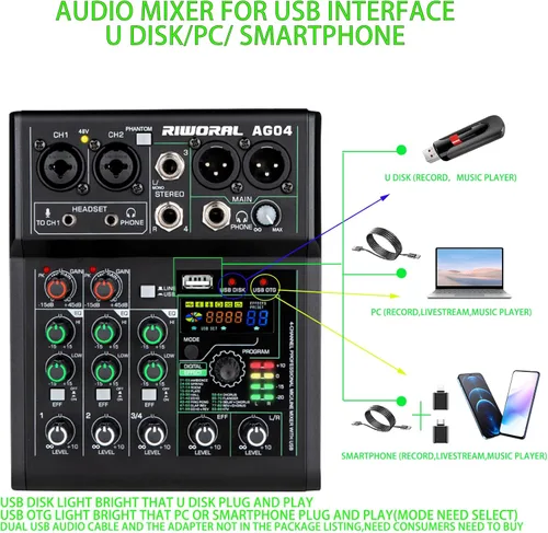Miniatura 3 de Mezclador de audio de 4 canales con efectos 88 DSP, mesa de mezclas, interfaz USB, Bluetooth, reproductor de música + alimentación fantasma de línea