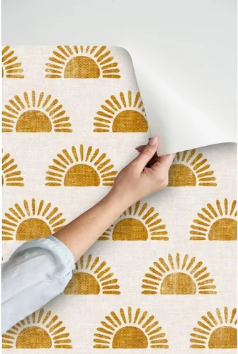 Miniatura 3 de Papel tapiz autoadhesivo para despegar y pegar, estampado de bloques bohemios, sol sol en naranja dorado, papel tapiz extraíble personalizado por