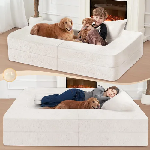 Miniatura 6 de Cama humana gigante para perro, cama 3 en 1 para perro de tamaño humano con funda de piel sintética lavable, cama grande plegable para mascotas