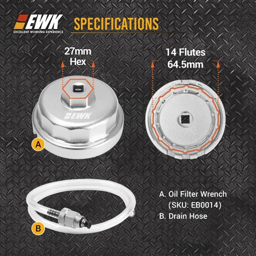 Miniatura 2 de EWK Llave forjada de aluminio de 64 mm para filtro de aceite con manguera de drenaje, herramienta de cambio de aceite de servicio pesado