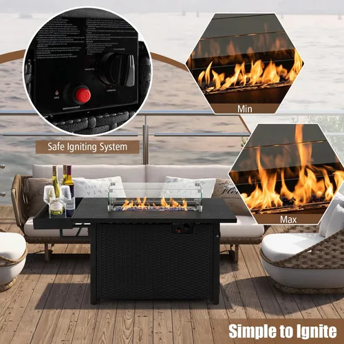 Miniatura 5 de Tangkula Mesa para fogata de propano para patio, fogata de gas de mimbre de 52 pulgadas con protector contra el viento y estante extendido, salida