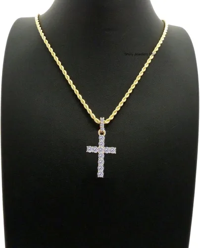 Miniatura 4 de Shiny Jewelers USA Collar de cadena cubana para hombre, diseño de micro cruz de oro
