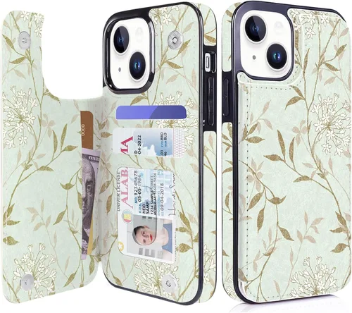 uCOLOR Funda de piel con tapa para tarjetas compatible con iPhone 13 6.1, iPhone 14 6.1, mujeres y niñas con tarjetero y función atril (hojas Hojas