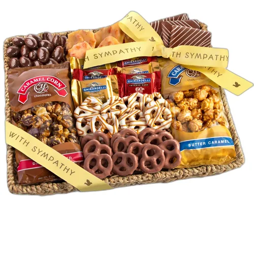 A Gift Inside Gran cesta de regalo con chocolate, caramelo y dulces crujientes para dar con cariño con aperitivos, Ghirardelli y nueces cubiertas de