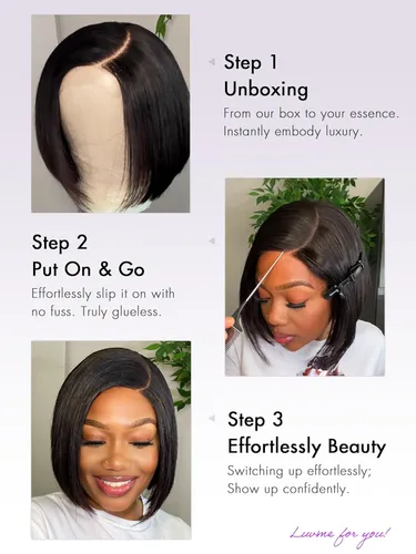 Miniatura 7 de LUVME HAIR - Peluca de cabello humano estilo Bob, de 8 pulgadas, precortada, sin pegamento, con cierre de encaje HD, predepilada, cabello humano