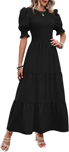 Miniatura 39 de BTFBM Vestidos para mujer, cuello redondo, casual, de verano, con volantes, manga corta, bohemio, con niveles, fruncido, largo, con estampado floral