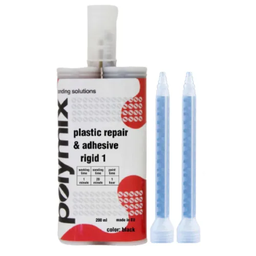Polymix Adhesivo rígido para reparación plástica automotriz multiusos y adhesivo de 200 ml con cartucho y dos boquillas de mezcla de aplicación Negro