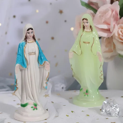 Miniatura 9 de Estatua de plástico Virgen María de 3.94 pulgadas, figura de Nuestra Señora de Gracia, estatuas católicas hechas a mano, decoraciones religiosas Azul
