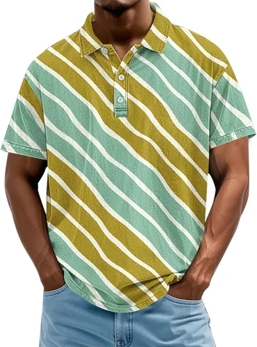 Camisa polo a rayas verticales para hombre, camiseta de verano con bloque de color, talla grande, cuello en V, manga corta, cuello vintage Z11