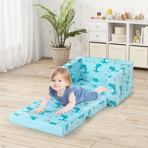 Miniatura 2 de HONEY JOY Sofá para niños pequeños, sofá convertible 2 en 1 con patrón de dinosaurio, silla plegable extra suave para niños y niñas, muebles de sala
