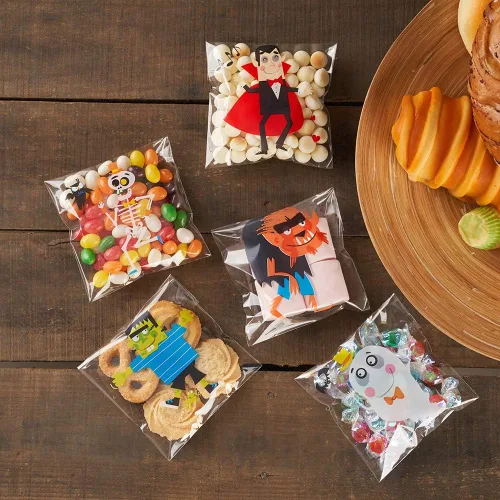Miniatura 7 de CCINEE 200 bolsas de golosinas de Halloween, bolsas transparentes autoadhesivas para dulces, bolsas de plástico de celofán para galletas, regalos