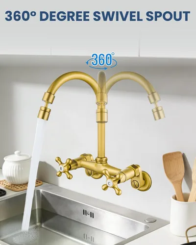 Miniatura 7 de Airuida Grifo de cocina de montaje en pared con rociador, grifo de fregadero de cocina montado en la pared, manijas dobles cruzadas, boquilla