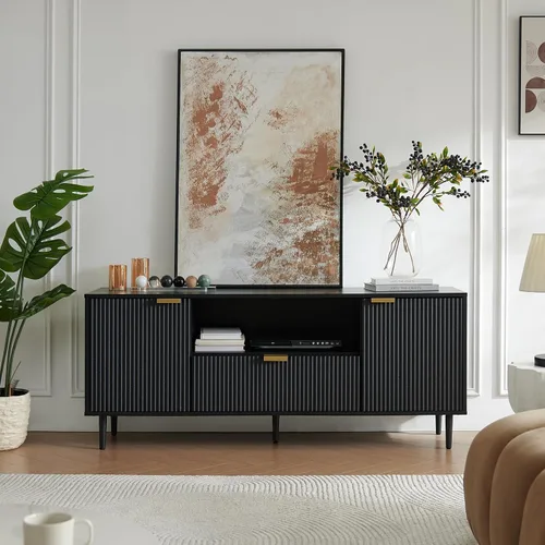 Miniatura 4 de Okvnbjk Soporte de TV negro para TV de 65 pulgadas, consolas de TV para sala de estar, soporte de TV para dormitorio con cajón y almacenamiento