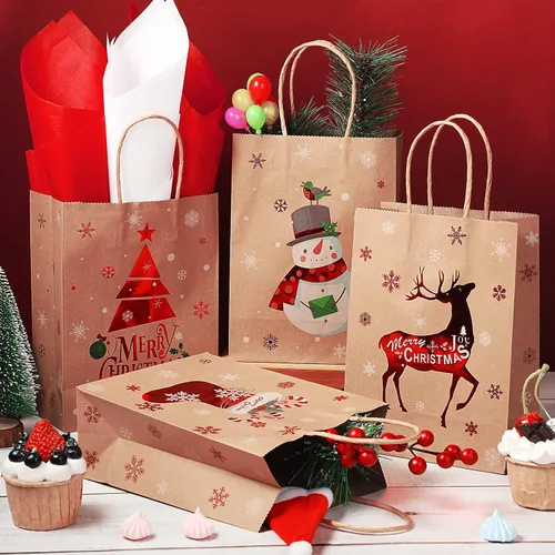 Miniatura 4 de Funrous 16 bolsas de regalo de Navidad a granel con asas y papel de seda, bolsas de golosinas de Navidad para regalos de dulces, envoltura de papel