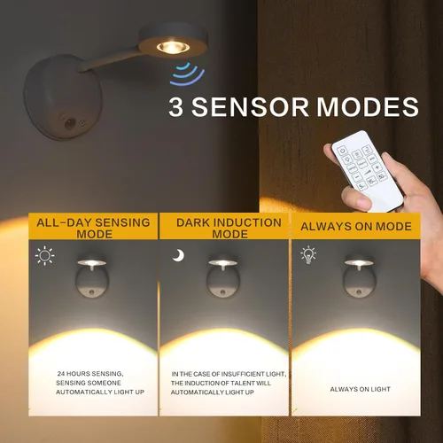 Miniatura 4 de XPESUVC Lámpara de pared con sensor de movimiento, foco LED recargable, lámpara de lectura de mesita de noche de rotación flexible con 3 Blanco