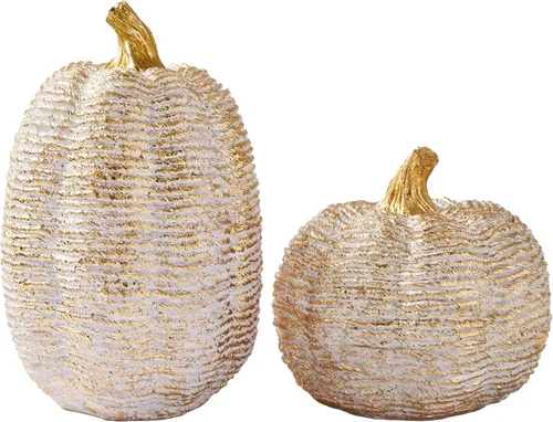 DN DECONATION - Centros de mesa de decoración de calabaza de otoño, 2 piezas, oro blanco | Artificial Pumpkins Figurines for Autumn Thanksgiving