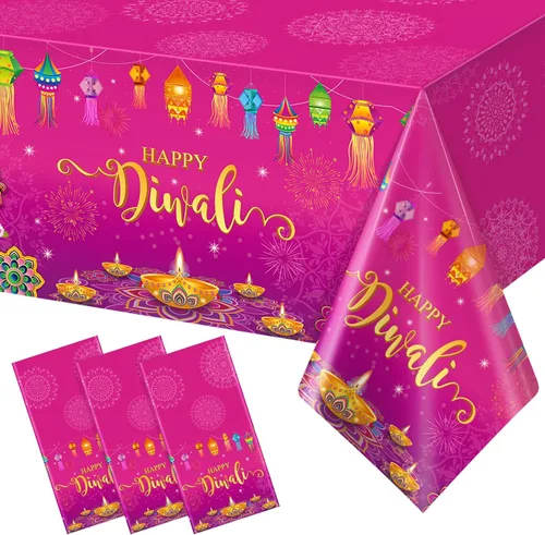 Paquete de 3 manteles desechables Happy Diwali, mantel de plástico para mesas rectangulares, mantel Diwali para decoración india de Diwali,