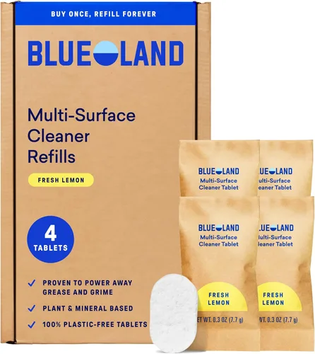 BLUELAND Limpiador multisuperficie, paquete de repuesto de 4 unidades, aroma fresco a limón, para todo uso, suministros de limpieza ecológicos, 4 x