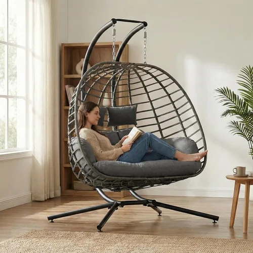 Miniatura 9 de SWITTE Silla doble de columpio en forma de huevo con soporte, hamacas de mimbre colgantes para patio al aire libre de 2 personas con cojín para Gris