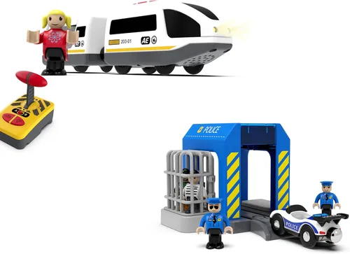Accesorios de tren de madera de la estación de policía y el tren de control remoto se adapta al juego de pista de madera para niños pequeños