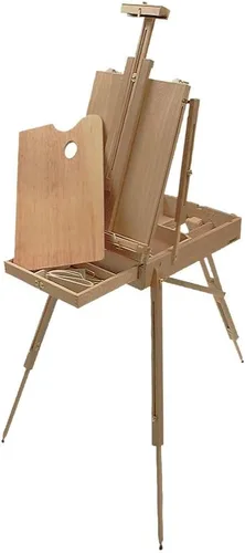 Monet - Caballete francés para pintar, soporte de arte con cajón extraíble para bocetos, paleta de madera y correas de lino, mesa de madera de haya,