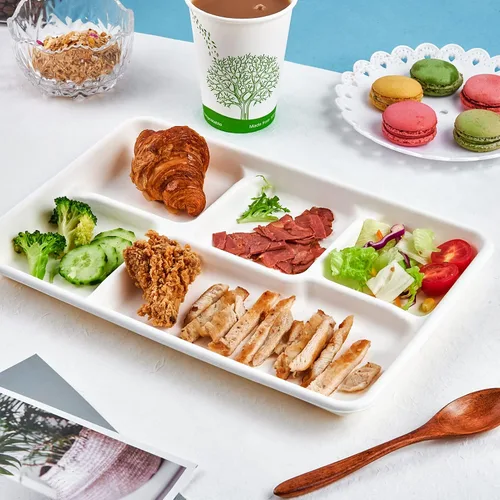 Miniatura 5 de ECOLipak Platos de 5 compartimentos 100% compostables, paquete de 100 platos de papel desechables con compartimentos, platos biodegradables de caña