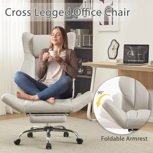 Miniatura 3 de Silla de oficina ergonómica con las piernas cruzadas con reposapiés, silla ejecutiva grande y alta de cuero con ruedas, reposabrazos reversible
