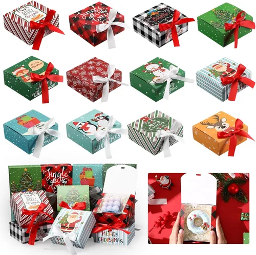 Miniatura 8 de Cholemy 36 piezas de cajas de regalo de Navidad de papel kraft con tapas, paquete de cajas de regalo pequeñas con lazo vacías para Navidad, cajas