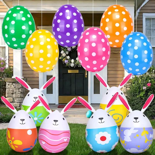 12 huevos de Pascua inflables para decoración al aire libre, huevos de Pascua gigantes de 20 pulgadas, conejitos de 16 pulgadas, de PVC, coloridos