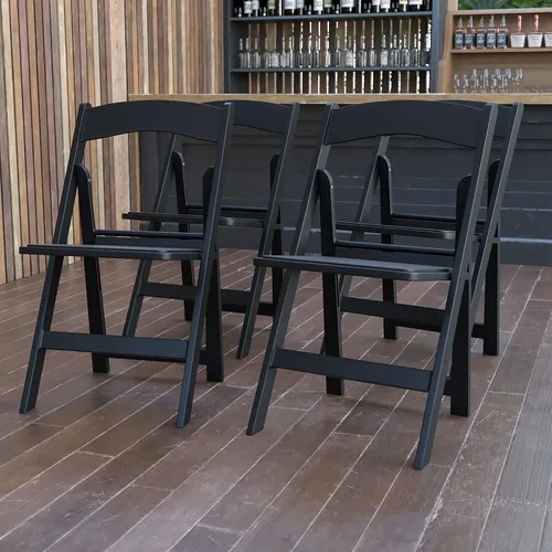EMMA + OLIVER Silla plegable, resina negra, paquete de 4 unidades, capacidad de peso de 800 libras, cómoda silla para eventos, silla plegable ligera
