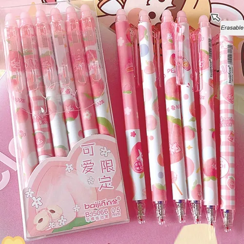 Miniatura 2 de MOZXIRZ 6 piezas de bolígrafos de tinta de gel borrables, bolígrafos retráctiles, lindos bolígrafos rosa y melocotón, bolígrafo de punta fina