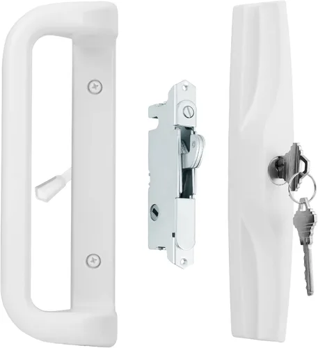 Miniatura 8 de House Guard Juego de manijas de puerta corredera blanca para patio con cilindro de llave, espacio entre agujeros de tornillo de 3-15/16 pulgadas