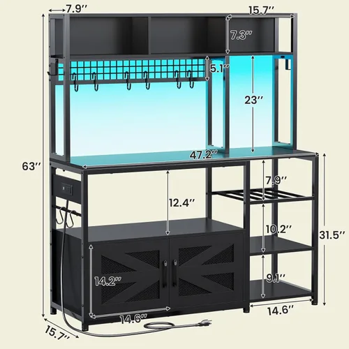 Miniatura 2 de Itaar - Estante para hornear de 47.2 pulgadas con toma de corriente, soporte para microondas con almacenamiento, estación de gabinete de barra