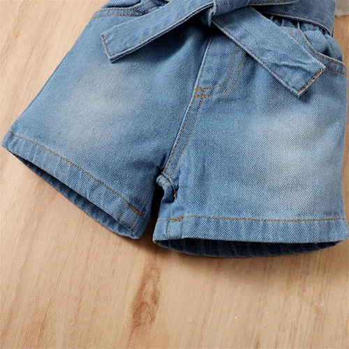 Miniatura 5 de PATPAT Bebé Niña 100% Algodón Denim Shorts Corazón Impreso Blanco Manga Corta Top Con Diadema Conjunto 3 Meses-3 Años