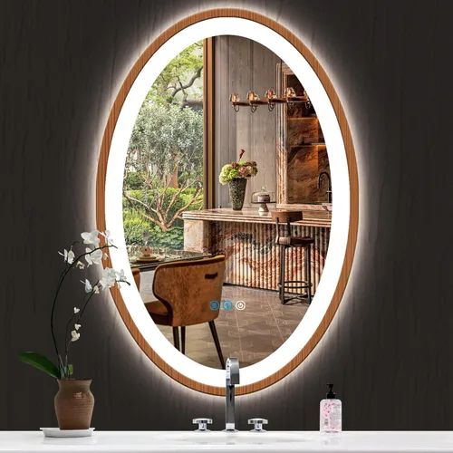 Miniatura 9 de Espejo de madera ovalado LED de 20 x 30 pulgadas con marco de madera clara, espejo de tocador iluminado ovalado con luces para baño, memoria 30 x 20