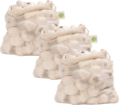 Miniatura 10 de Bolsas reutilizables de malla de algodón para productos – 100% algodón orgánico, duraderas, doble costura, lavables con peso de tara y cordón