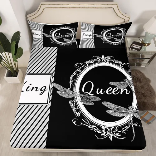 Miniatura 33 de Sábana bajera ajustable King Crown vintage negro y gris, sábanas románticas para el día de San Valentín, tamaño individual para mujeres, regalos