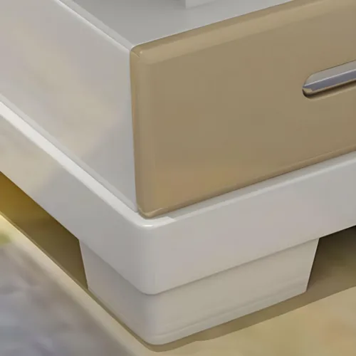 Miniatura 7 de RUNNUP Mesa de centro rectangular moderna de vidrio con base de madera blanca y almacenamiento de 2 niveles, mesa central de sofá para sala de Beige