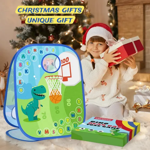 Miniatura 8 de Juego de juegos de cornhole de dinosaurio para niños, juego de lanzamiento de bolsas de frijoles 6 en 1, tablero de dardos de baloncesto