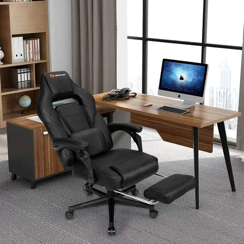 Miniatura 2 de Goplus Silla de masaje para juegos, respaldo reclinable, ajuste de altura del asiento, silla de oficina para computadora de carreras con reposapiés