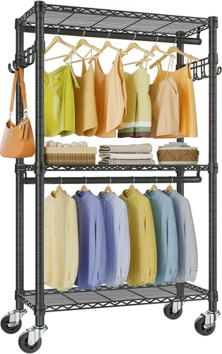 Miniatura 15 de VIPEK R2 Perchero de ropa resistente para colgar ropa, estante de prendas rodante ajustable con barras dobles y ganchos, armario independiente