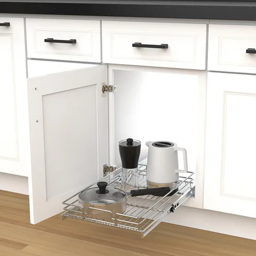 Miniatura 7 de Organizador de gabinete extraíble, estante deslizante de metal resistente para armarios de cocina, cromado, no incluye accesorios de puerta