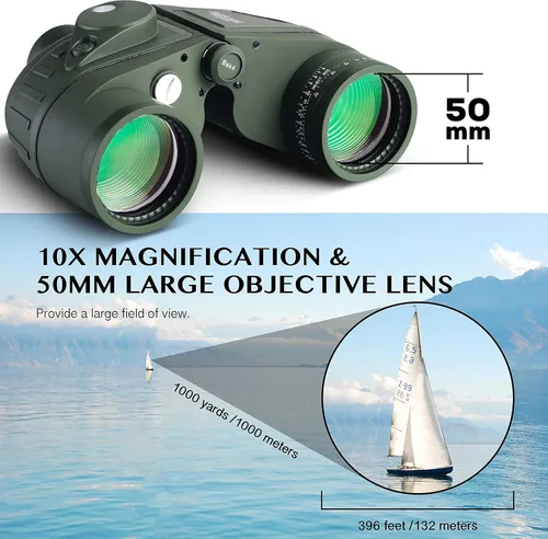 Miniatura 2 de AOMEKIE Prismáticos marinos para adultos, 10x50, impermeables, con telémetro brújula prisma BAK4, lente FMC para observación de aves, caza, Verde