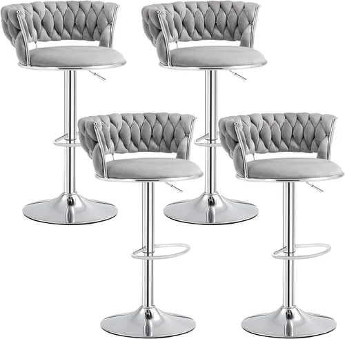 Miniatura 12 de Juego de 3 taburetes de bar verde esmeralda, modernos taburetes de bar giratorios de 360° con base plateada, sillas de bar de terciopelo, taburete