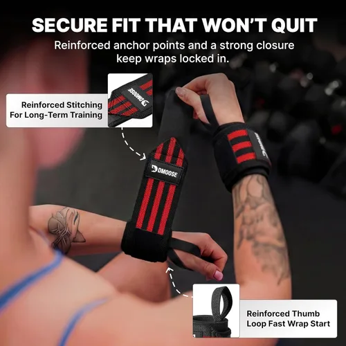 Miniatura 5 de DMoose Fitness Muñequeras para levantamiento de pesas de 18 pulgadas – Envoltura de gimnasio resistente con lazo para el pulgar para apoyo y alivio