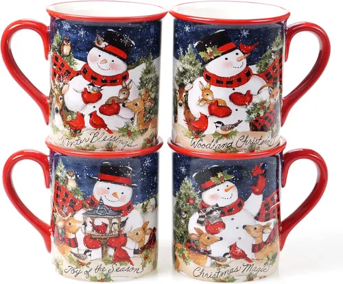 Magic of Christmas - Tazas de muñeco de nieve de 16 onzas, juego de 4 tazas festivas con escenas de animales de invierno caprichosas, perfectas para