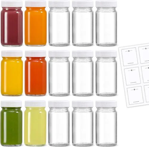 Miniatura 11 de Paquete de 9, botellas de vidrio de 2 onzas con tapas negras y 9 etiquetas, tarro pequeño transparente para jengibre, inyección de bienestar, jugo