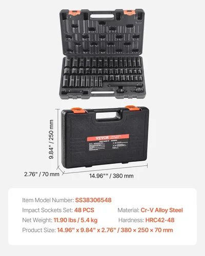 Miniatura 9 de VEVOR Juego de llaves de impacto de 3/8" de transmisión, 48 piezas estándar SAE (5/16 a 3/4 pulgadas) y métrica (8 a 22 mm) de tamaño, profundo