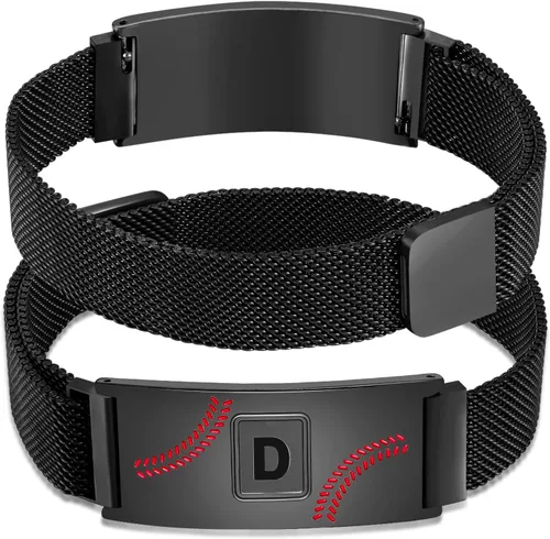 Miniatura 67 de Fervia Regalos de graduación de Pascua para hombres, pulsera con inicial de béisbol, color negro, plateado, dorado, acero inoxidable, pulseras