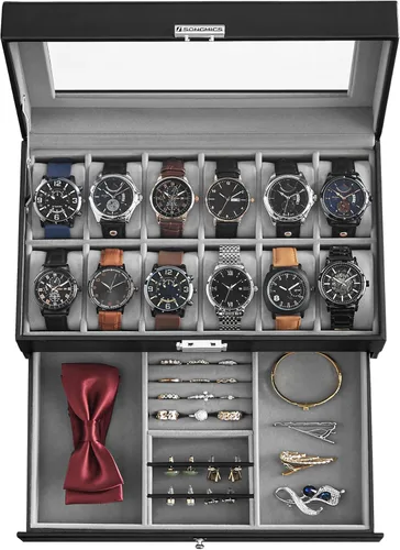 SONGMICS Caja de reloj, Organizador de 12 relojes de hombre, Joyero con cerradura y llaves, Negro UJWB012
